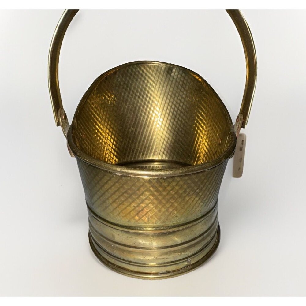 Vtg Hammered/embossed Diamond Brass Shuttle Coal Bucket Handle Pail